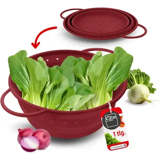 Coolinato – Sieb aus Silikon faltbar 16 cm Rot – Nudelsieb für Pasta, Gemüse & Obst - Küchensieb spülmaschinenfest, BPA-frei, & hitzebeständig bis 230°C - Platzsparendes Abtropfsieb zusammenklappbar