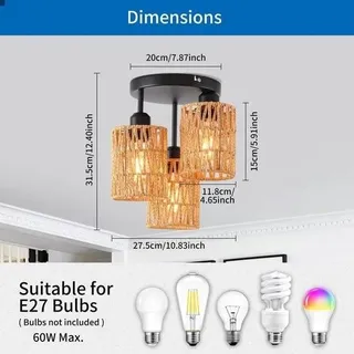 LED Deckenleuchte mit 3 Flammen - Rattan Pendelleuchte mit Vintage Bambus Korb Lampenschirm für Wohnzimmer - Schlafzimmer - Küche - Flur - Blau