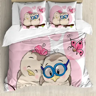 ABAKUHAUS Liebe Bettbezug, Cartoon Vögel Valnetine, Milbensicher Allergiker geeignet mit Kissenbezügen, 200 cm x 200 cm - 80 x 80 cm, Pale Pink Beige Taupe