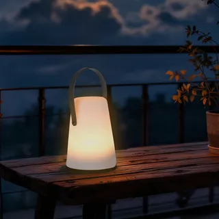 3.07 Tischlampe KONISCH Batterie betrieben - ca. 14 cm - In- und Outdoor weiß mit Lederband / Timer (klein) - Weiß