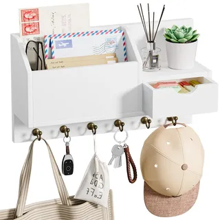Schlüsselablage, Wandhalterung mit 6 Haken und Aufbewahrungsschublade, Schlüsselbrett Holz, Wand Schlüsselhaken, Wandregal für Schlüsselanhänger Organizer, für Eingang Wohnzimmer Flur Büro (weiß)