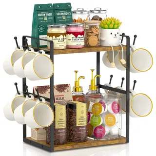 EsLuker.ly 2 Tier Tassenhalter und Tassenständer, Tassenregal für Kaffeetassen, Kaffee Organizer für Theke, Coffee Station Organizer with Mug Holder, Vintage Braun-Schwarz