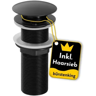 Bürstenking Ablaufgarnitur Waschbecken – Ablaufventil mit Haarsieb – für Waschbecken & Waschtisch – 1 1/4" Anschlussgewinde – Push-Open Funktion – ohne Überlauf – 12 cm – ø 66 mm – matt Schwarz
