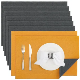 Banchif Tischsets abwaschbar doppelseitig Platzset Platzdecken abwaschbar | Platzsets abwaschbar Leinenimitat 8er Set doppelseitige Tischsets maschinenwaschbar rechteckig Platzdecken (Grau-Gelb)