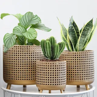 JHY DESIGN Set mit 3 Blumentöpfen, Metalldekoration, Blumentöpfe mit Hohlem Design, Große Pflanzgefäße für drinnen und draußen, Garten, Zuhause, Balkon, Geländer, Zaunpflanzen(Gold)