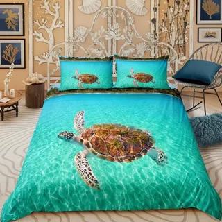 feelingyou Fröhliche Schildkröte Bettwäsche-Set Grünes Meer Wasser Bettwäsche Set 135x200cm Süßes Meerestier Betten Set für Kinder Jungen Mädchen Teenager 2St.Reißverschluss Mikrofaser
