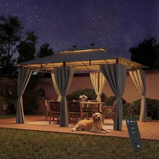 JUMMICO Garten Pavillon 3x4 Wasserdicht Stabil Winterfest, mit Beleuchtung | UV 50+, Pavillon 3x4 mit Seitenwänden und Solarlampen, der Tagsüber und Nachts, Heißem und Kaltem Wetter Genutzt Werden Kann