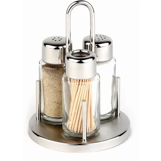 APS Menage "CLASSIC", 10,5 cm, Höhe 16 cm, Set besteht aus: Salz- und Pfefferstreuer, Zahnstocherspender, Ständer aus Edelstahl