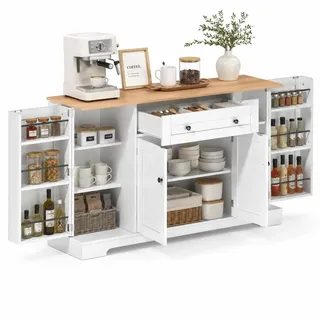 FurnitureR Sideboard Buffetschrank 138 x 40 x 85 cm, Weiß mit Heller Holzoptik, Küchenanrichte mit Holzplatte, 1 Schublade, 4 Türen, Türregalen, verstellbaren Fächern für Esszimmer