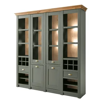 furn.design Buffetschrank "Norwich" grün Eiche Landhaus Vitrinenschrank mit Weinregal 194 x 207 cm