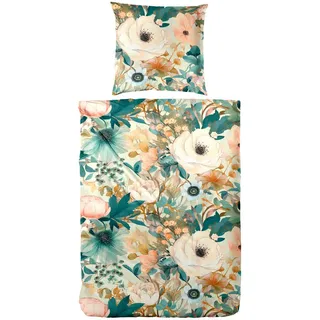 Bettwäsche , Dunkelgrün, Dunkelgelb, Jadegrün, Aprikose , Textil , Blume , 135x200 cm , Oeko-Tex® Standard 100 , atmungsaktiv, bügelleicht, weiche und anschmiegsame Oberfläche, edel glänzend , Heimtextilien, Bettwäsche & Leintücher, Bettwäsche, Satin-Bettwäsche