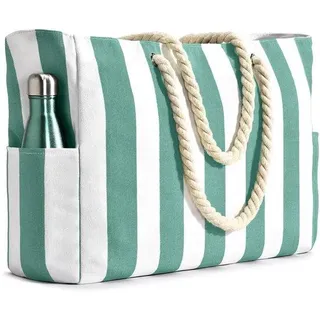 Unyqoos® Große wasserabweisende Strand- & Reisetasche 55 x 38 x 18 cm – Platz für 4–6 Strandhandtücher, gestreift mit beigen Seilgriffen, Innenfach & Flaschenfächer - Grün