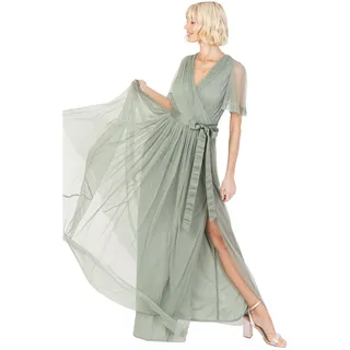 Anaya with Love Damen Ladies Maxi Dress Women V Neckline Short Sleeve Frilly Long Empire Waist for Wedding Guest Bridesmaid Maid of Honour Kleid, Frosted Green, 38 (10 UK)
