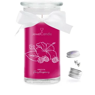 JuwelKerze Hibiscus & Juicy Raspberry Ohrringe Silber - Schmuckkerze 80 Std - große Duftkerze mit Fruchtigem Duft - rosa Kerze mit Schmuck Überraschung - Geschenke für Frauen, Geburtstag