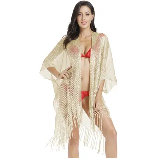 JK Unicorn Metallic Sparkly Kimono Cardigan Badeanzug Strand Bikini Cover Ups Open Front Casual Bluse Tops - Gold - Large