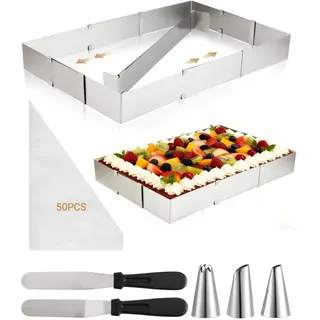 SZEBISOA Backrahmen Rechteckig Verstellbar – Backform rechteckig aus Edelstahl, Kuchenform Eckig mit Teiler, Spatel, Spritzbeutel & Tüllen, Tortenring Eckig Spülmaschinenfest für Backen und Dessert