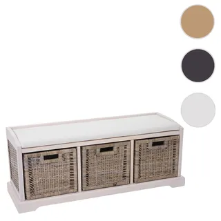 Sitzbank Bienne, Aufbewahrungsbox, 3 Körbe, Kubu-Rattan-Geflecht, 112x46x37cm ~ weiß