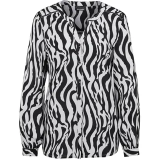 Kurzarmbluse GOLDNER "Kurzgröße Bluse mit Tunika Ausschnitt", Damen, Gr. 19, schwarz (schwarz, weiß, gemustert), Obermaterial: 100% Viskose CV., figurumspielend, weit Manschette, Blusen Kurzarmbluse, keine/nicht relevant
