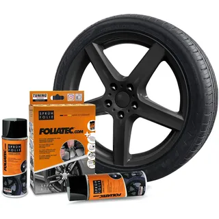 FoliaTec Sprühfolie Auto Felgenfolie Sprüh Lack Set für 4 Felgen, Abziehbar, Gute Deckkraft, schwarz glänzend, 2x 400ml