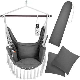 DETEX® Hängesessel bis 150kg Belastbar mit Flaschenhalter Boho Stil Wetterfest Garten 360° Drehbar Anthrazit Hängestuhl Indoor & Outdoor Kissen - Grau