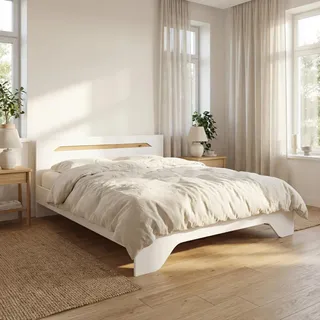 Rauch Möbel Alabama, Bett, Doppelbett für Schlafzimmer, Jugendzimmer, Gästezimmer, Kinderzimmer, Kopfteil mit elegantem Holz-Akzent, Liegefläche 180x200, Farbe Weiß, Maße 185x85x206cm