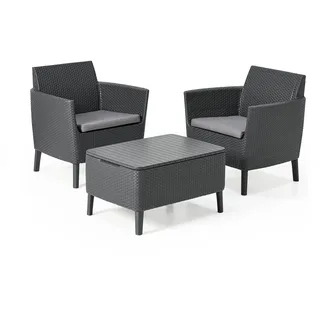 Keter Salemo Balcony Gartenmöbel-Set aus Rattan mit 2 Sesseln und Couchtisch für Kissen, Graphit
