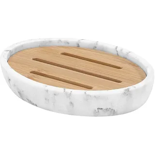 Luxspire Seifenschale mit Bambushalter, Glänzend und Elegant Ovaler Seifenhalter aus Harz, Schnell Trocknend Seifenbox Seifenablage Gehäuse für Küche, Bad, Dusche - Kies Weiß