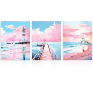 Dazzlewall 3er Set Rosa Strand Bilder, Küsten Leuchtturm Wandbilder für Wohnzimmer Schlafzimmer Badezimmer Deko 12×16 in Ungerahmt