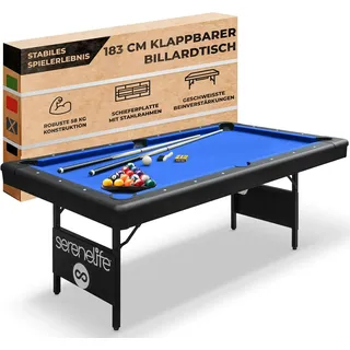 SereneLife 6-Fuß Klapp-Pooltisch – Tragbarer Billardtisch – Inklusive 2 Queues, vollständigem Ballset, Kreide, Bürste – Klappbarer Pooltisch für Kinder und Erwachsene (Blau)