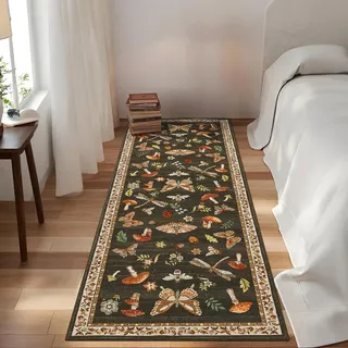 CAROMIO Waschbarer Flurläufer 60x180 cm, Schmetterlings- & Pilz-Motiv, Rutschfester Kurzflor-Teppich, Weicher Bodenbelag für Küche Schlafzimmer Flur, Dunkelbraun
