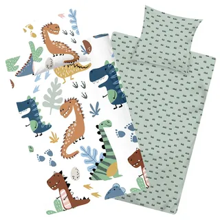 Aminata kids Bettwäsche Dinosaurier-Motiv 135x200 80x80 - Kinder-Bettwäsche-Set, Kinderbettwäsche mit Dino-Motiv, bunt - Jungen