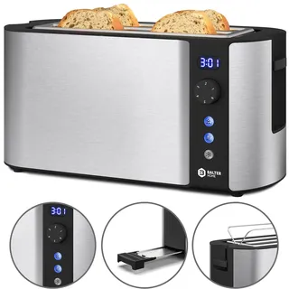 Balter Home Balter Toaster 4 Scheiben Langschlitz, 1500W, Display, Restzeitanzeige Doppelwandgehäuse, Brötchenaufsatz, Auftaufunktion, Silber - Silber