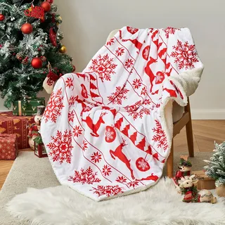 MIULEE Kuscheldecke Weihnachts Sherpa Decke Warme Lammdecke Wohndecke Davidshirsch Weihnachtsbaum Schneeflocken Muster Sofadecke Dicke Tagesdecke Couchdecke Überwürfe für Sofa Bett 150x200 cm Rot