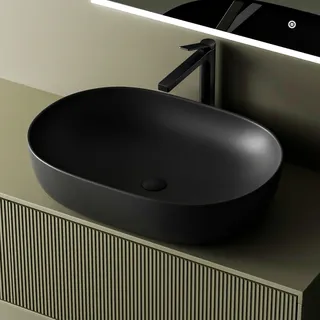 EMKE Waschbecken – Aufsatzwaschbecken Oval, 60 x 41 x 13 cm, Schwarz Matt, Kratzfest Waschbecken Bad, Leicht zu Installieren & Reinigen, Waschtisch für Bad & Gäste-WC
