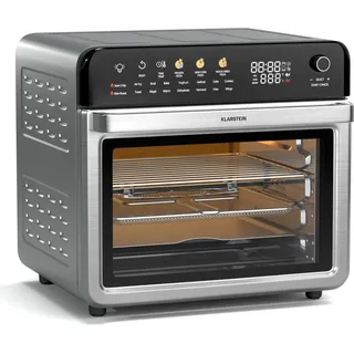 Klarstein AirGlaze Digital Colour Heißluftfritteuse – 34 L, 2200 W, 19 Programme, Drehspieß, Touch Display, 40-350 °C, Pizzastein & Grillroste, Edelstahl, Doppelt Verglaste Tür, Schwarz - Silber