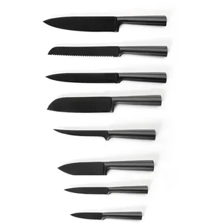 Qdesign - 8er-Set Messer aus Edelstahl - Koch-, Brot-, Aufschnitt-, Ausbein-, Santoku-Messer - für Obst & Gemüse, Office, kleines Küchenmesser - Mattschwarz