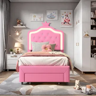 Kinderbett 90x200 cm, gepolstert, verstellbares Kopfteil, 2 Schubladen, Kronenform mit LED-Beleuchtung, Prinzessinnenstil, rosa (Matratze nicht enthalten) - Rosa