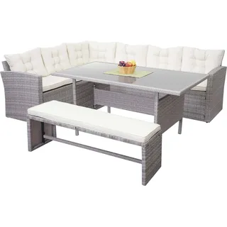 Poly-Rattan-Garnitur HWC-A29, Gartengarnitur Sitzgruppe Lounge-Esstisch-Set Sofa hellgrau, Kissen creme + Bank - Grau