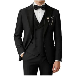 SPTALLFITJSV Herren-Smoking-Set, schmale Passform, 3-teilig, für Hochzeit, Abschlussball, Abendessen, Smoking für Herren, zweireihiges Anzug-Set mit Fliege, Schwarz, M