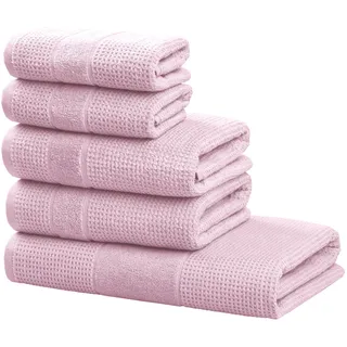 my home Handtuch Set »Kimi, Duschtuch, Handtücher und Gästetücher« Set 5 Walkfrottee 100% Baumwolle, einfarbig, weich, mit Bordüre, besondere Struktur, rosa
