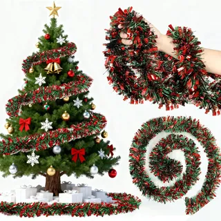 Weihnachtsgirlande Rot Grüne,10m Lametta Girlande Weihnachten Grüne Rot,Glitzernd Gir-Lande Weihnachten Innen & Außen für Weihnachtsbaum Weihnachtsfeier,Christmas Lametta Tannengirland Weihnachtsdeko