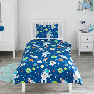 Bloomsbury Mill - Kinderbettwäsche 120 x 150cm Weltraum, Astronaut & Raketen für Kinder - Baby Bettwäsche Mädchen und Jungen – Blau Wendebettwäsche und Kissenbezug-Set für Kleinkinder & Babybetten