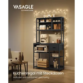 VASAGLE Küchenregal mit Steckdosen, Standregal, Mikrowellen-Regal, verstellbare Ablagen, Stoffschublade, 12 Haken, 40 x 100 x 180,4 cm, für Mikrowelle - Schwarz