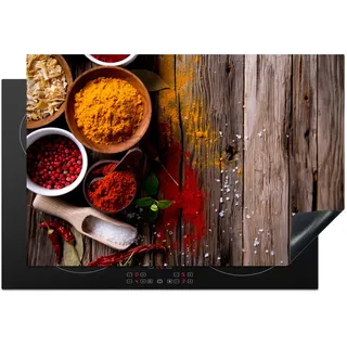 KitchenYeah© Herdabdeckplatte Einteilig Induktionsmatte Küche Abdeckung | 77x51 cm - Glaskeramikkochfeld Herd Abdeckplatte Deko Vinyl Matte Aufrollbar Kräuter - Gewürze - Holz - Braun