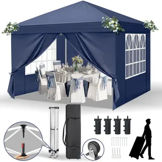 FCH Faltpavillon 3x3 m Gartenpavillon mit 4 Seitenteilen, Pavillon mit 4 Sandsäcke Pavillon Pop Up Partyzelt,Blau