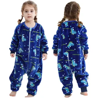 HAHASHOW Schlafsack mit Füßen 2.5 Tog, Flanell Schlafsack Baby Winter, Schlafanzug Baby mit Ärmel, Pyjama Kinder 4-5 Jahre,Blauer Dino