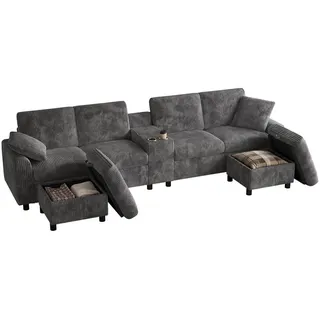 Flieks Sofa Grau U-Form Cord Stauraum USB Hocker 315cm Schlaffunktion , Textil , 135x81x315 cm , Wohnzimmer, Sofas & Couches, Sofas
