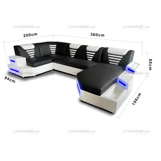 Eck Sofa Couch Polster Ecke Leder Couchen Wohnlandschaft U Form +LED - Schwarz