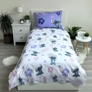 Jerry Fabrics Kinder Bettwäsche Wendebettwäsche Lilo und Stitch mit Blumen lila, Bettdeckenbezug 140x200 cm, Kopflkissenbezug 70x90 cm, 100% Baumwolle