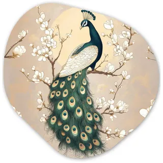MuchoWow Wandbild Pfau - Zweig - Blumen 90x90 cm , Champagner , Kunststoff , Organisch , 90x90 cm , einfache und schnelle Anbringung , Bilder & Rahmen, Bilder, Sonstige Wandbilder